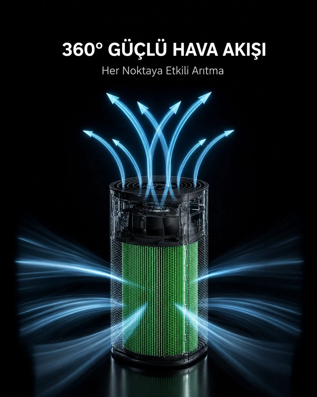 Siyah arka planda 360 derece mavi hava akışı yayan yeşil filtreli bir hava temizleyici.
