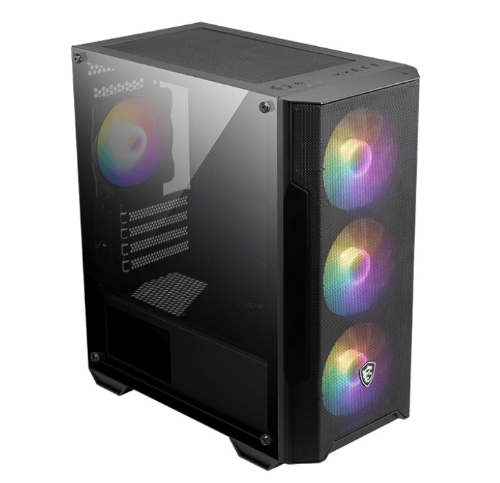 Cam yan panelli ve dört renkli RGB fanlı siyah bilgisayar kasası.