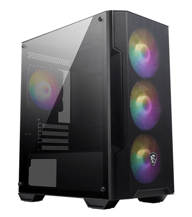 Cam yan panelli ve ön tarafta üç RGB aydınlatmalı fana sahip siyah bir oyuncu PC kasası.
