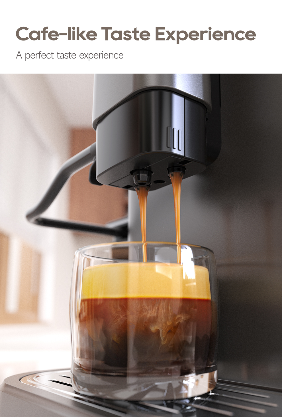 Un espresso appena fatto scorre in un bicchiere con crema.