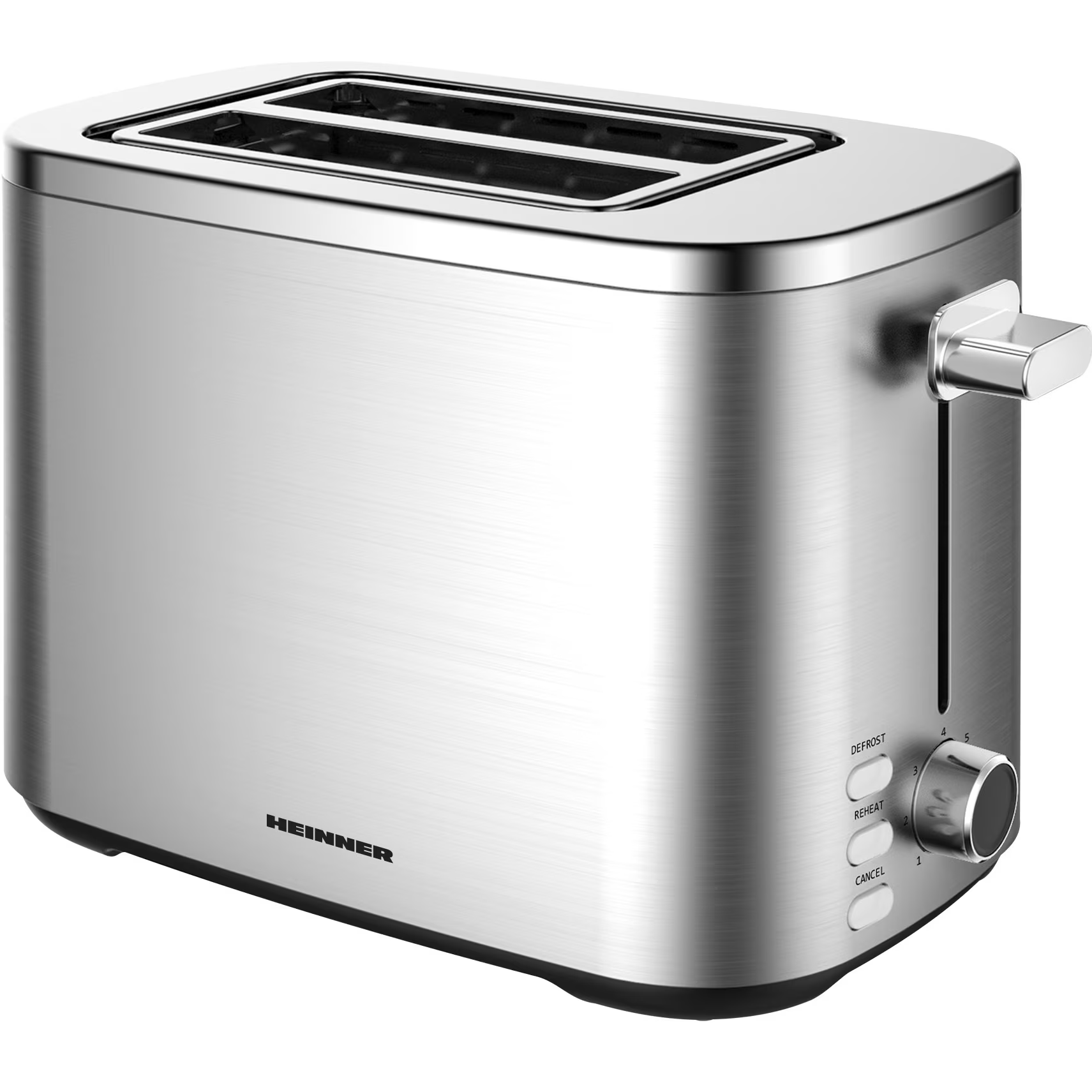 Ein silberner Edelstahl-Toaster von Heinner mit zwei Schlitzen und Bedienelementen an der Seite.