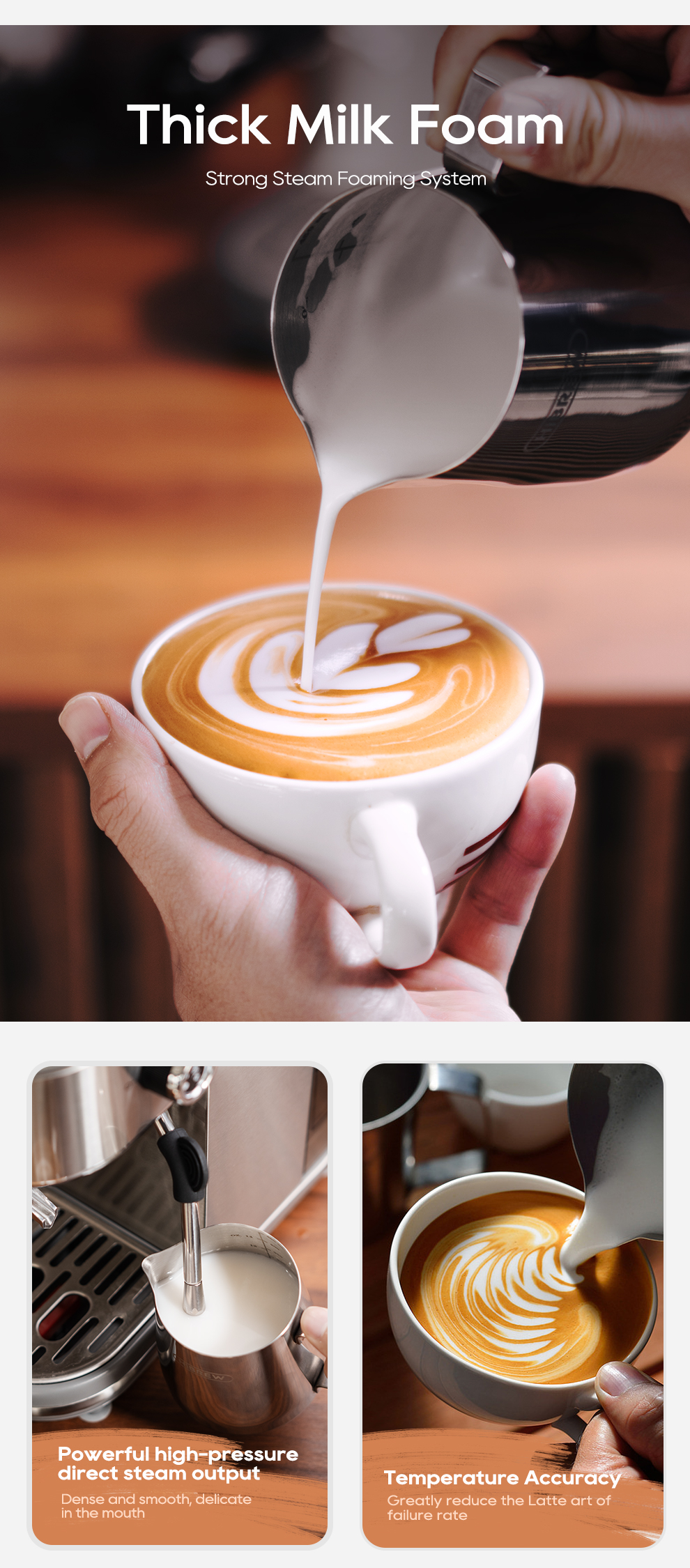 La schiuma di latte viene versata nel caffè, con due immagini più piccole che mostrano la lancia vapore e la latte art.