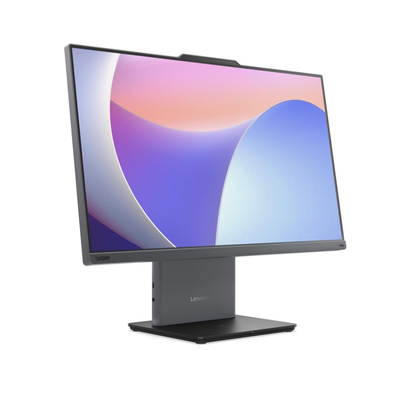 Beyaz arka planda canlı soyut mor ve şeftali tonlarında duvar kağıdına sahip koyu gri bir Lenovo hepsi bir arada bilgisayar.