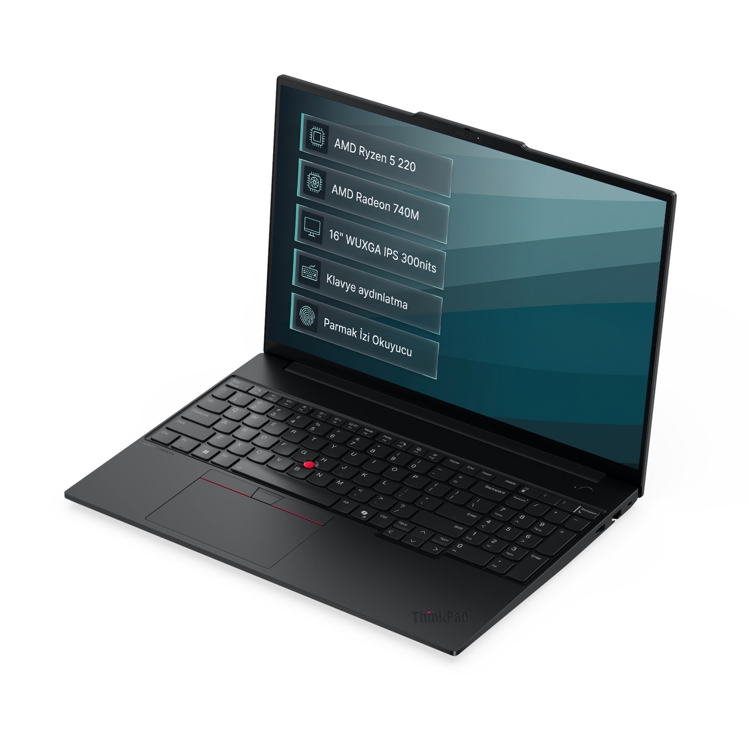 AMD Ryzen 5 işlemcili siyah bir ThinkPad dizüstü bilgisayar, ekranında teknik özellikleri gösteriyor.
