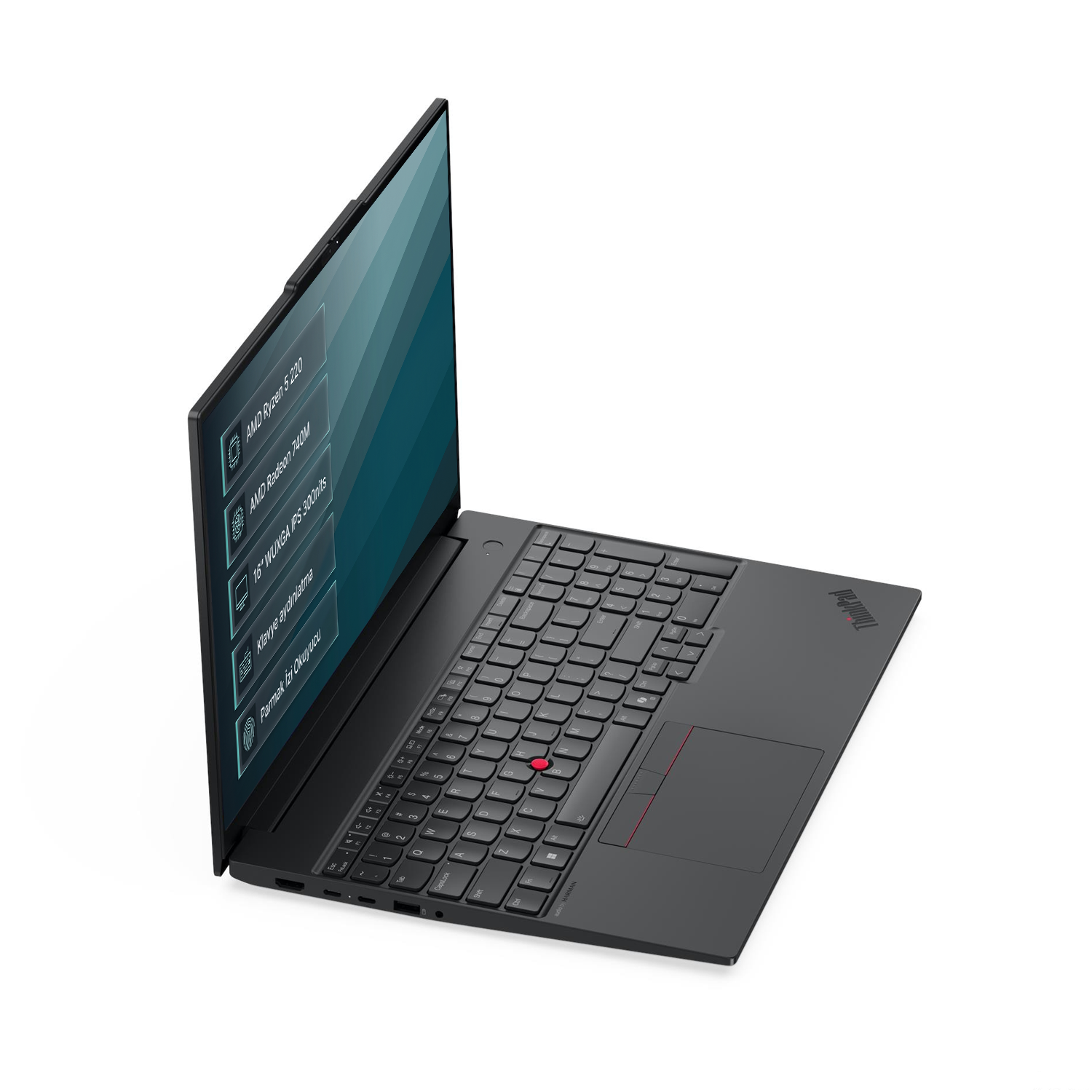Beyaz arka planda, yandan görünen ve ekranında metin bulunan siyah bir ThinkPad dizüstü bilgisayar.
