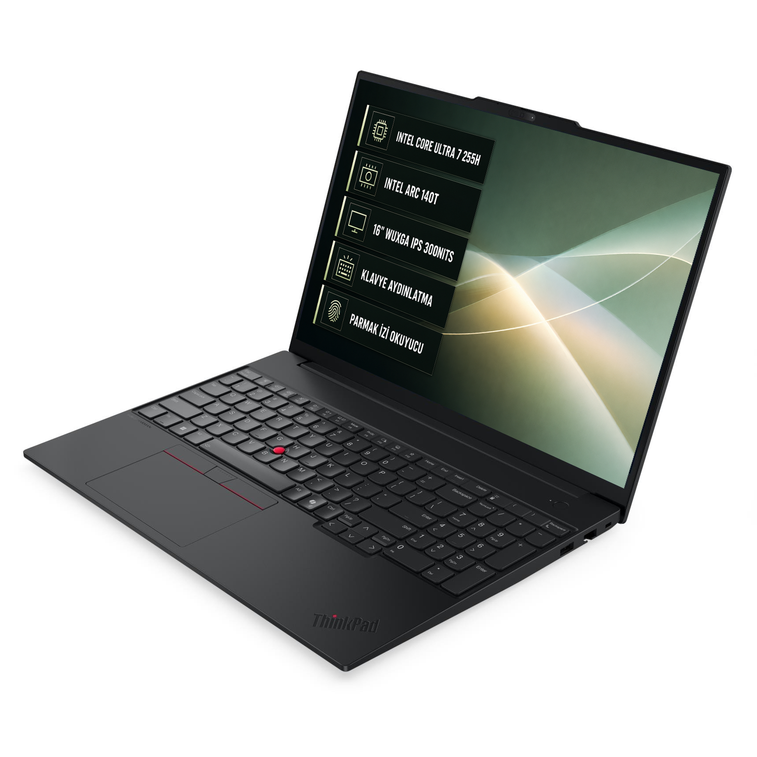 Beyaz arka planda donanım özelliklerini gösteren siyah bir ThinkPad dizüstü bilgisayar.