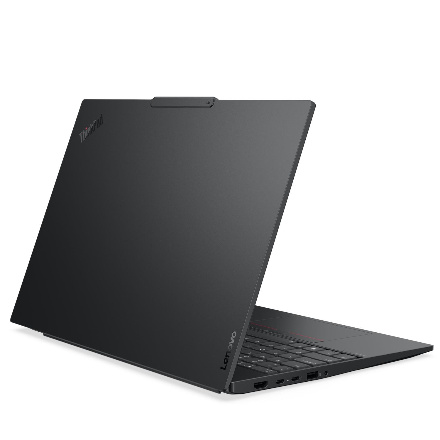 Beyaz bir yüzeyde kısmen açık duran siyah bir Lenovo ThinkPad dizüstü bilgisayar.