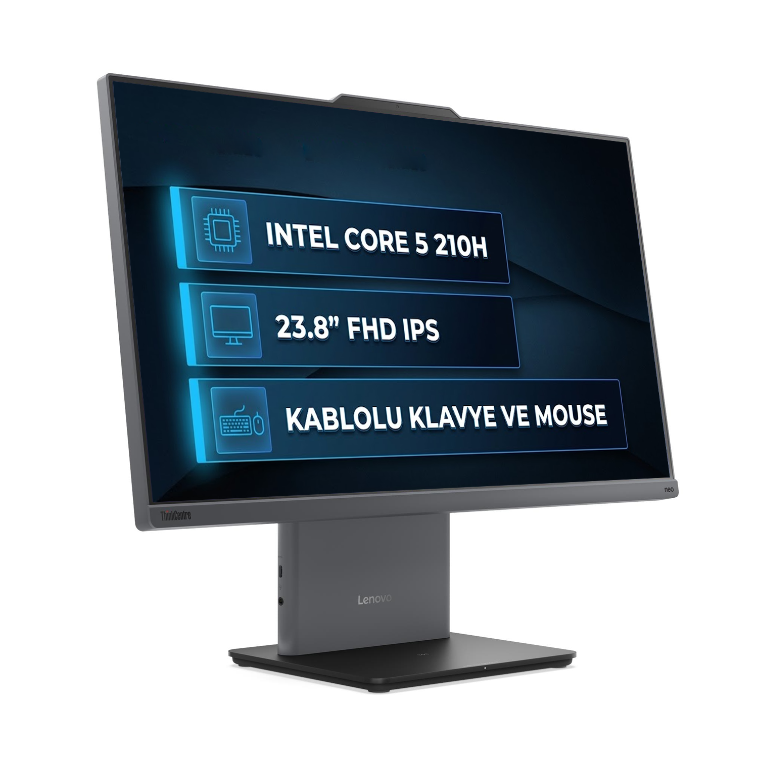 Gri renkli Lenovo all-in-one bilgisayar, ekranında teknik özellikleri ve Lenovo logosunu gösteriyor.
