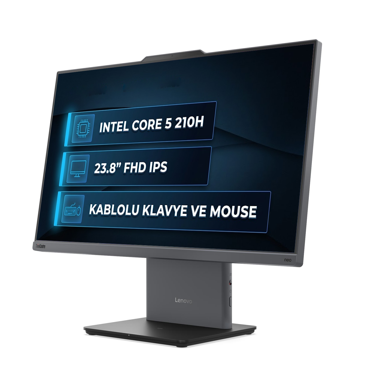 23.8 inç ekran, Intel Core 5 210H işlemci ve entegre standa sahip bir Lenovo hepisi bir arada bilgisayar.