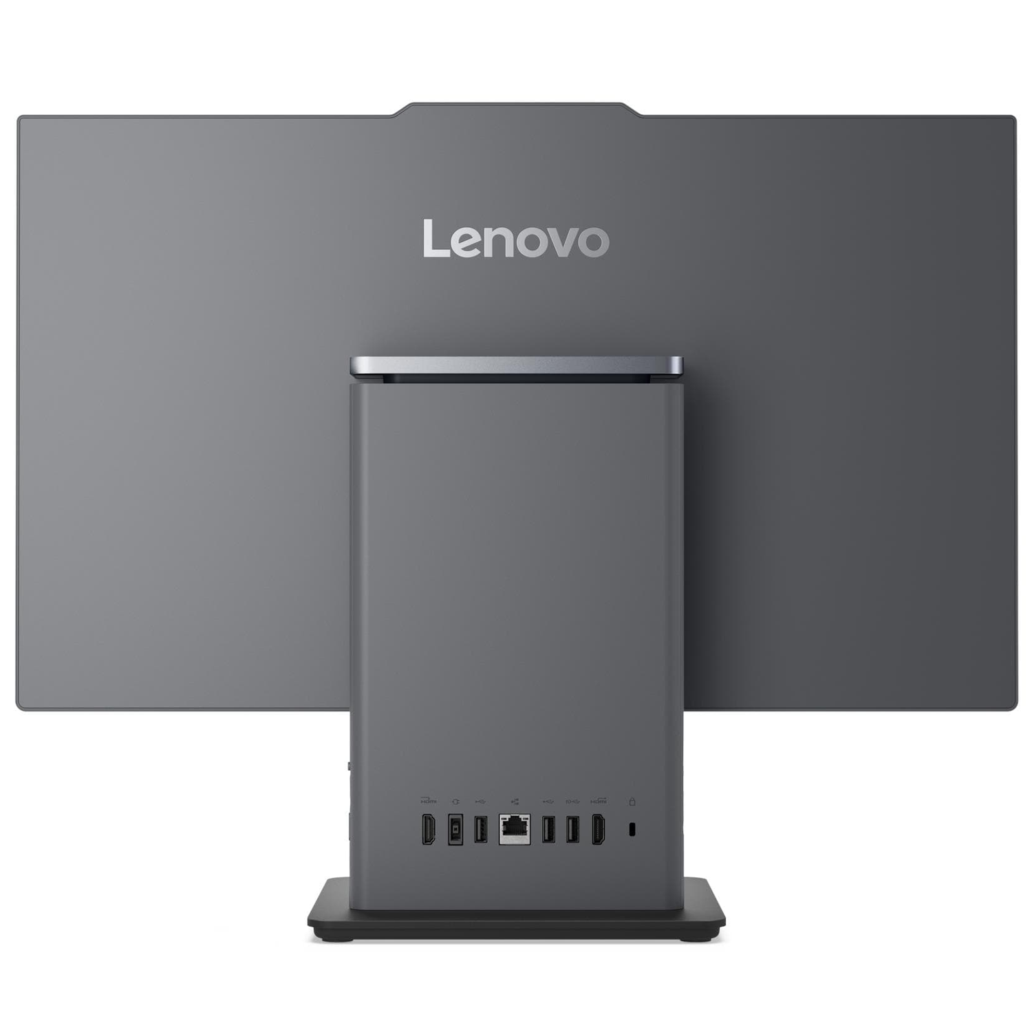 Stand tabanında çeşitli bağlantı noktaları bulunan gri renkli bir Lenovo hepsi bir arada bilgisayar.