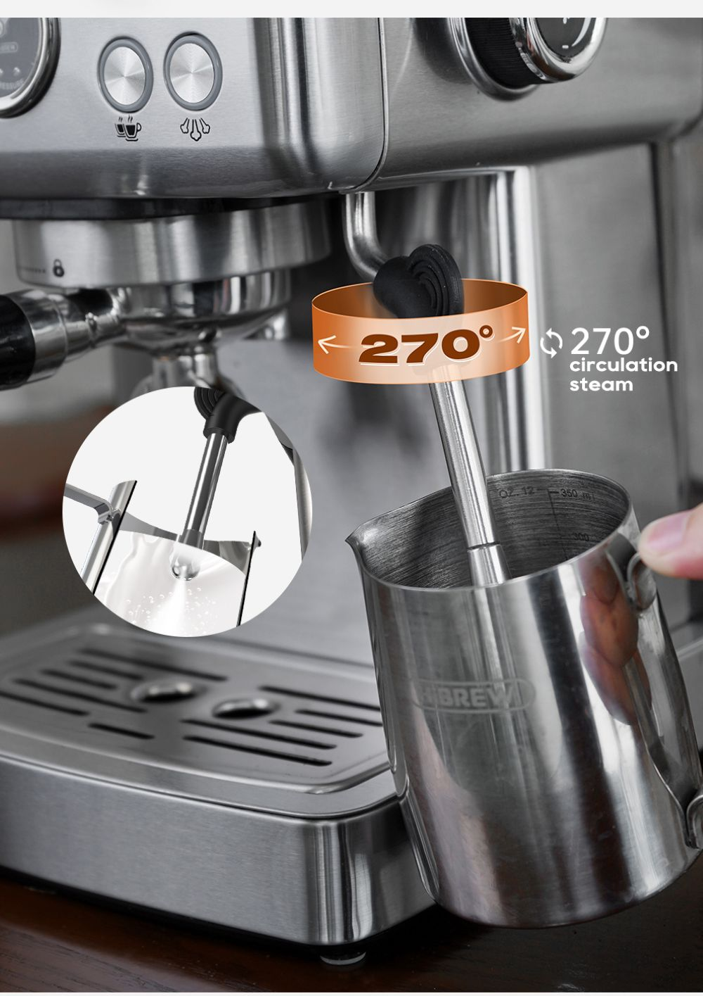 Macchina per espresso in acciaio inox con lancia vapore girevole a 270 gradi e lattiera.