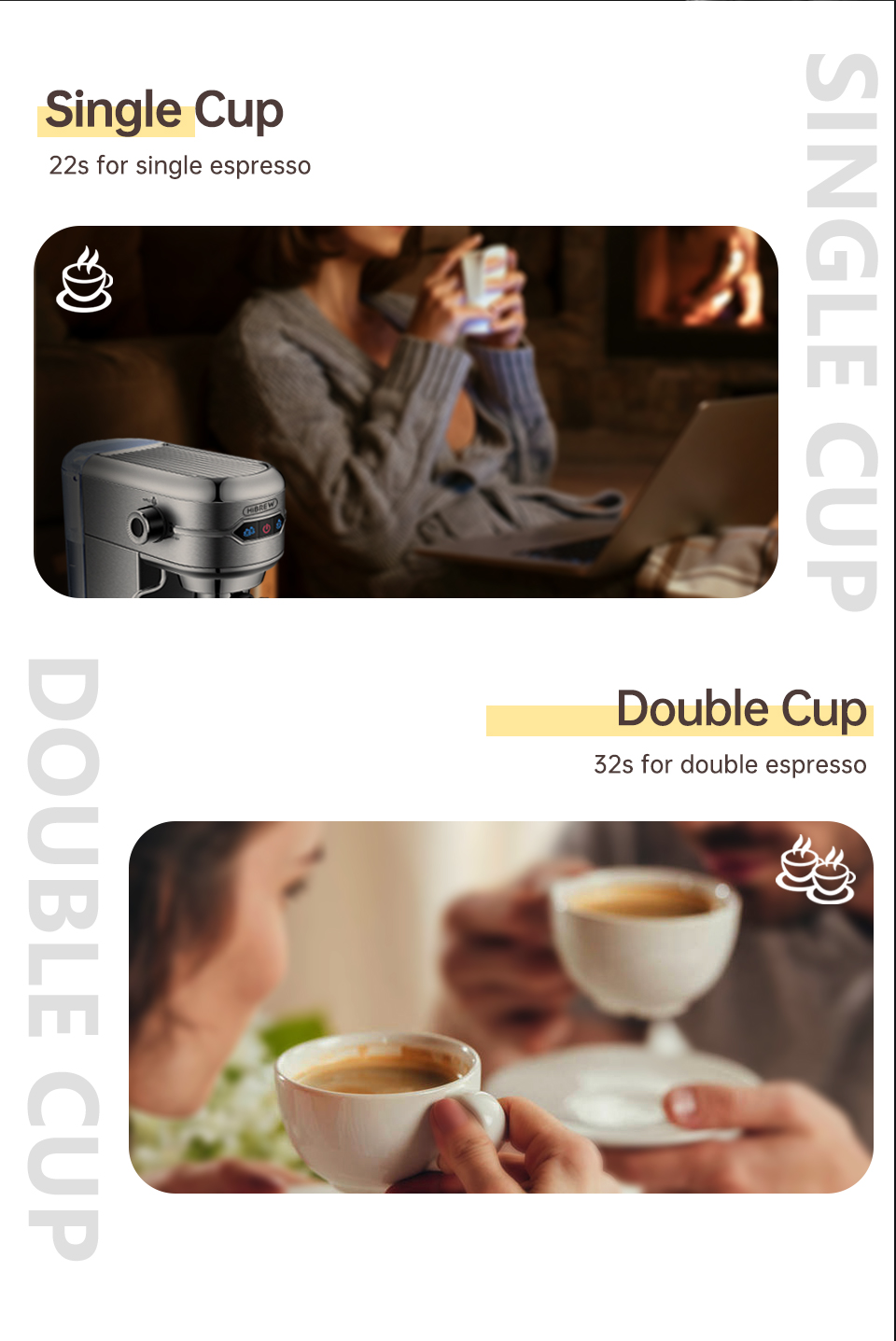 Pubblicità di macchina da caffè con erogazione singola e doppia e persone che bevono caffè.