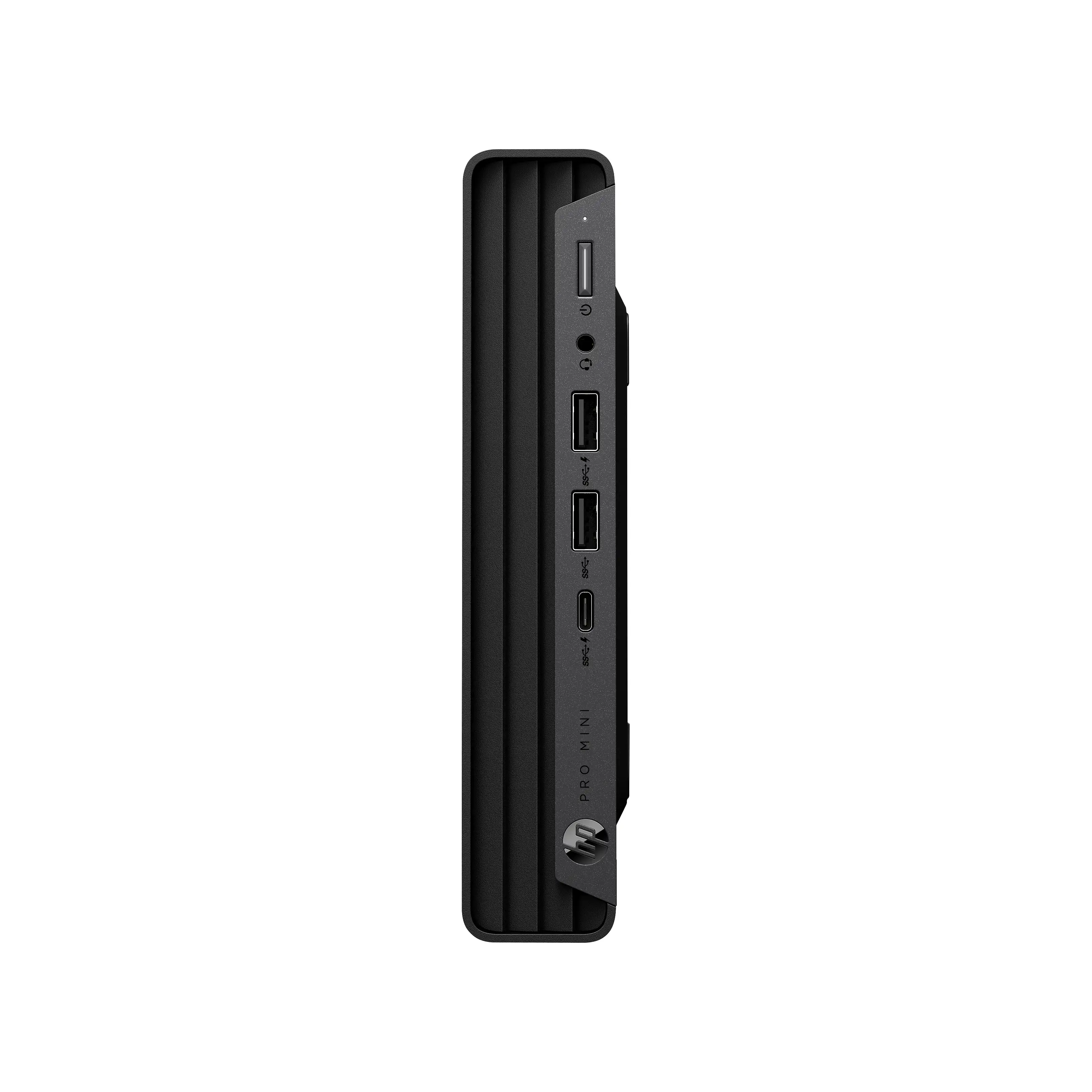 Vista frontale di un PC desktop HP Pro Mini nero con porte USB, jack audio e pulsante di accensione.