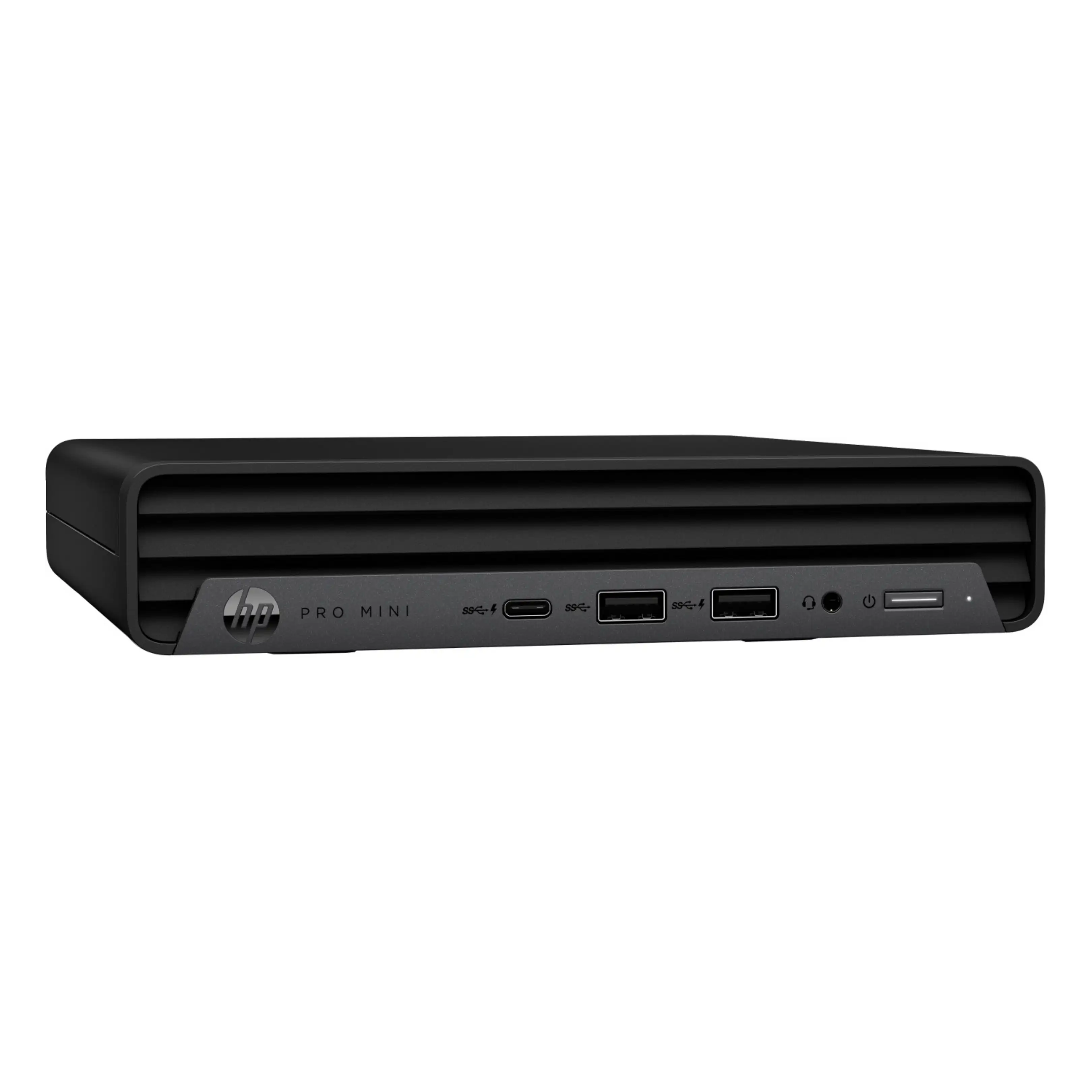 PC HP Pro Mini nero con porte anteriori e logo HP su sfondo nero.