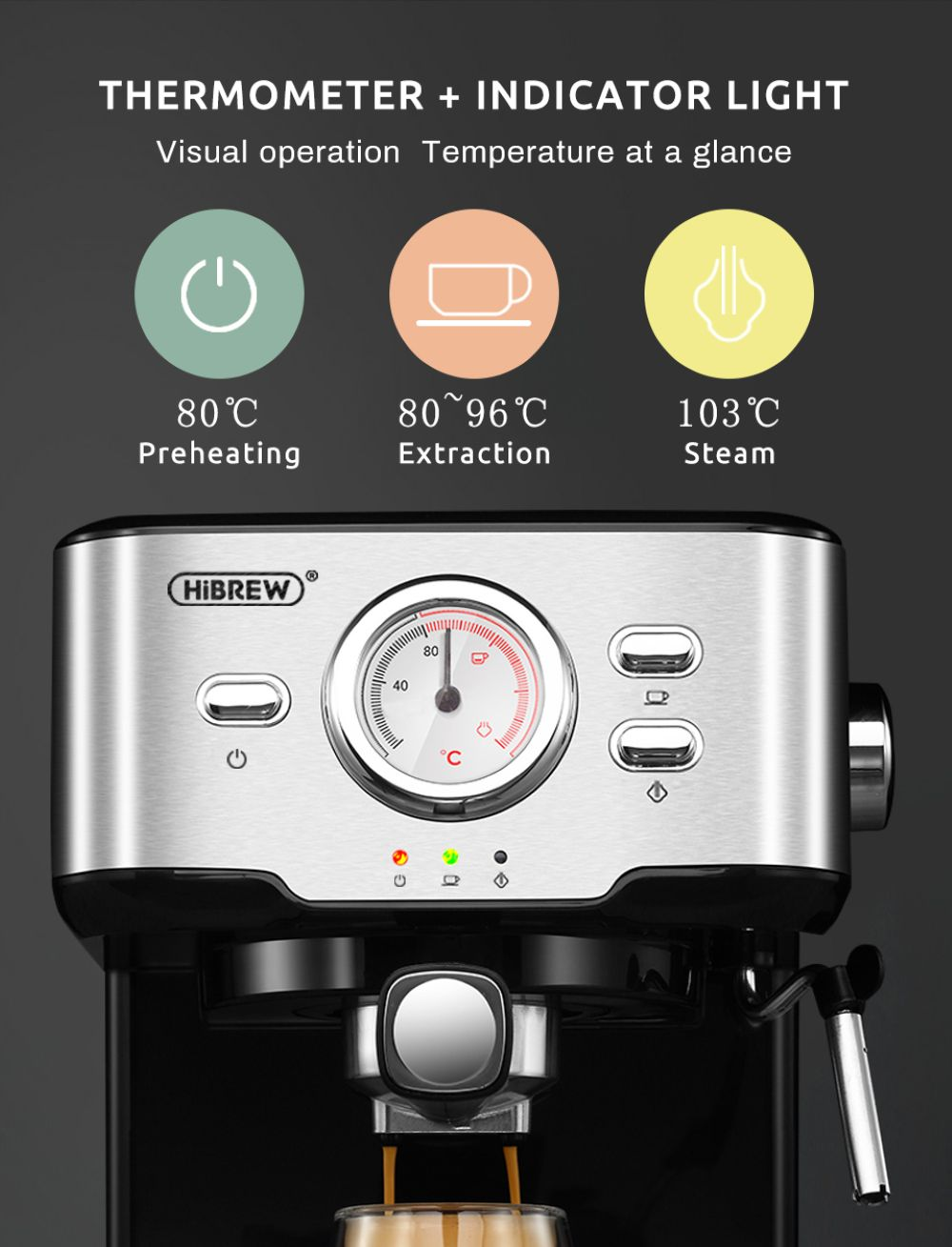 Macchina da caffè HiBrew con termometro e spie per preriscaldamento, estrazione e vapore.