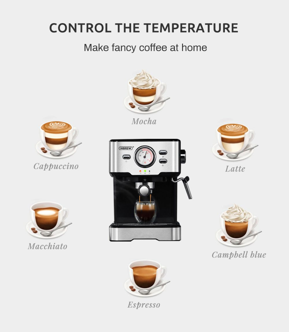 Una macchina da espresso al centro, circondata da varie bevande a base di caffè come cappuccino e mocha.