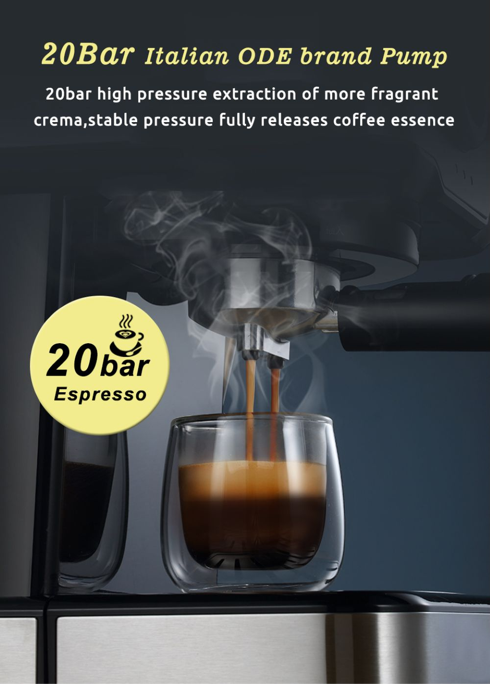 Macchina per espresso eroga caffè in un bicchiere con vapore e testo.