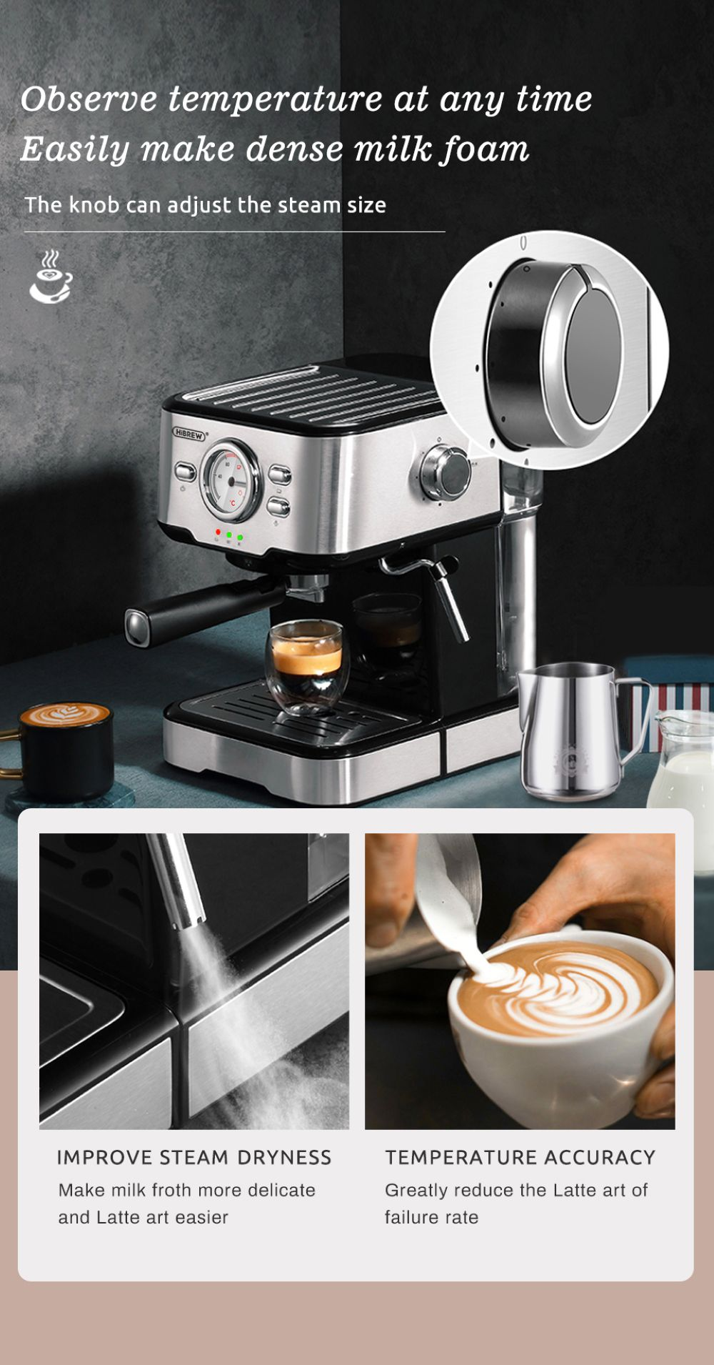 Una macchina da espresso in acciaio inossidabile con lancia vapore, bricco per latte e tazze, con primi piani.