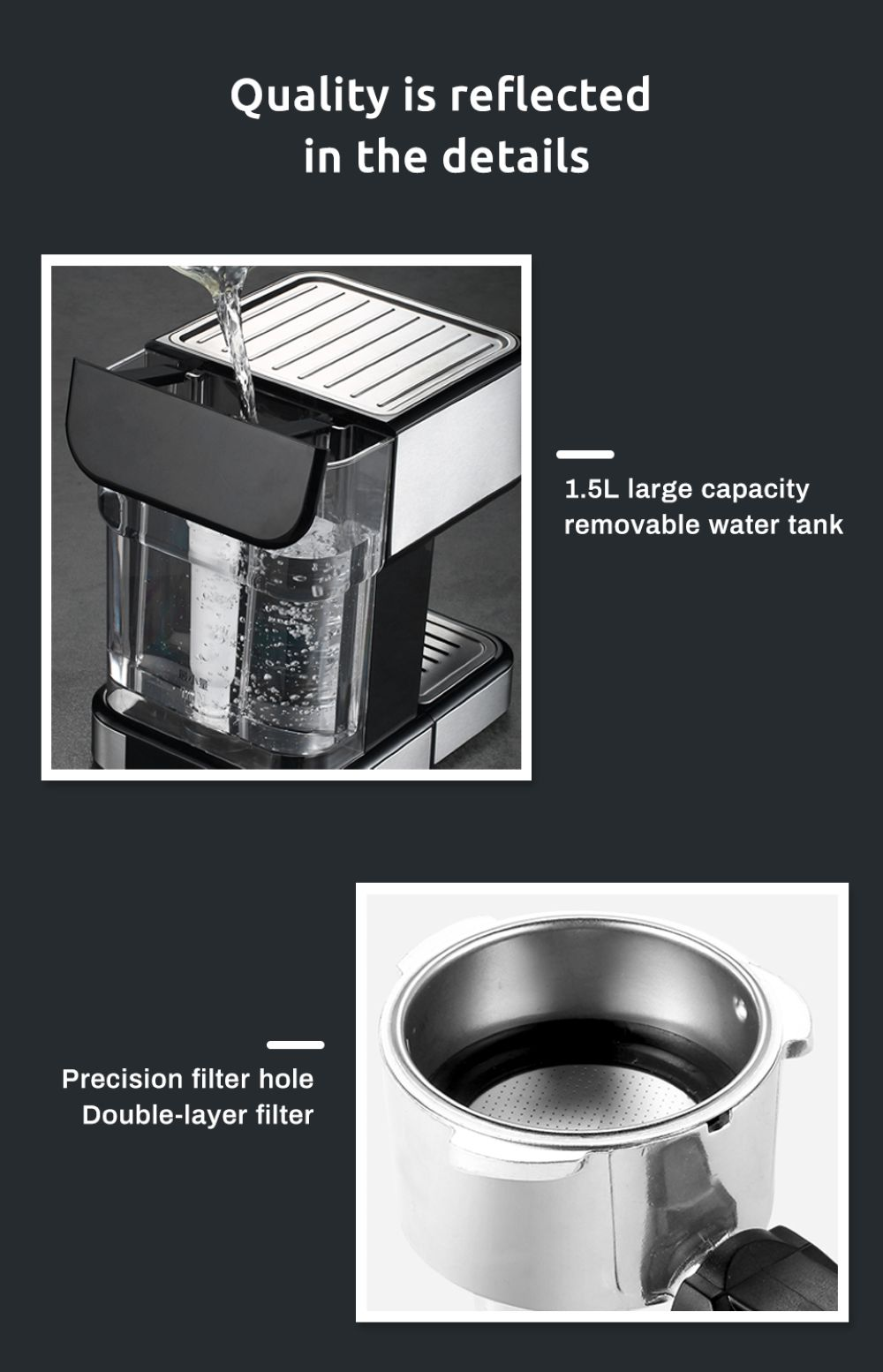 Macchina da caffè con serbatoio d'acqua rimovibile da 1,5L e filtro a doppio strato.