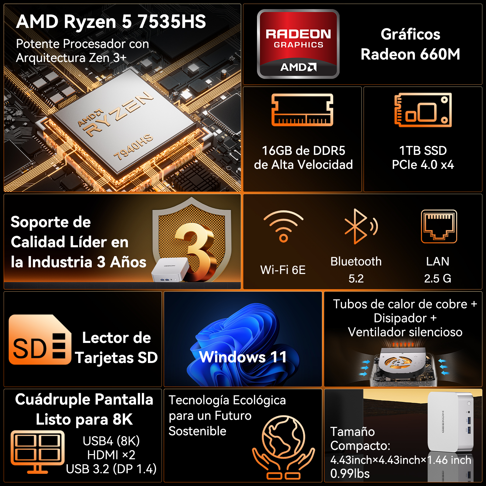 Infografía de especificaciones del procesador AMD Ryzen, memoria, almacenamiento, Wi-Fi y Windows 11.