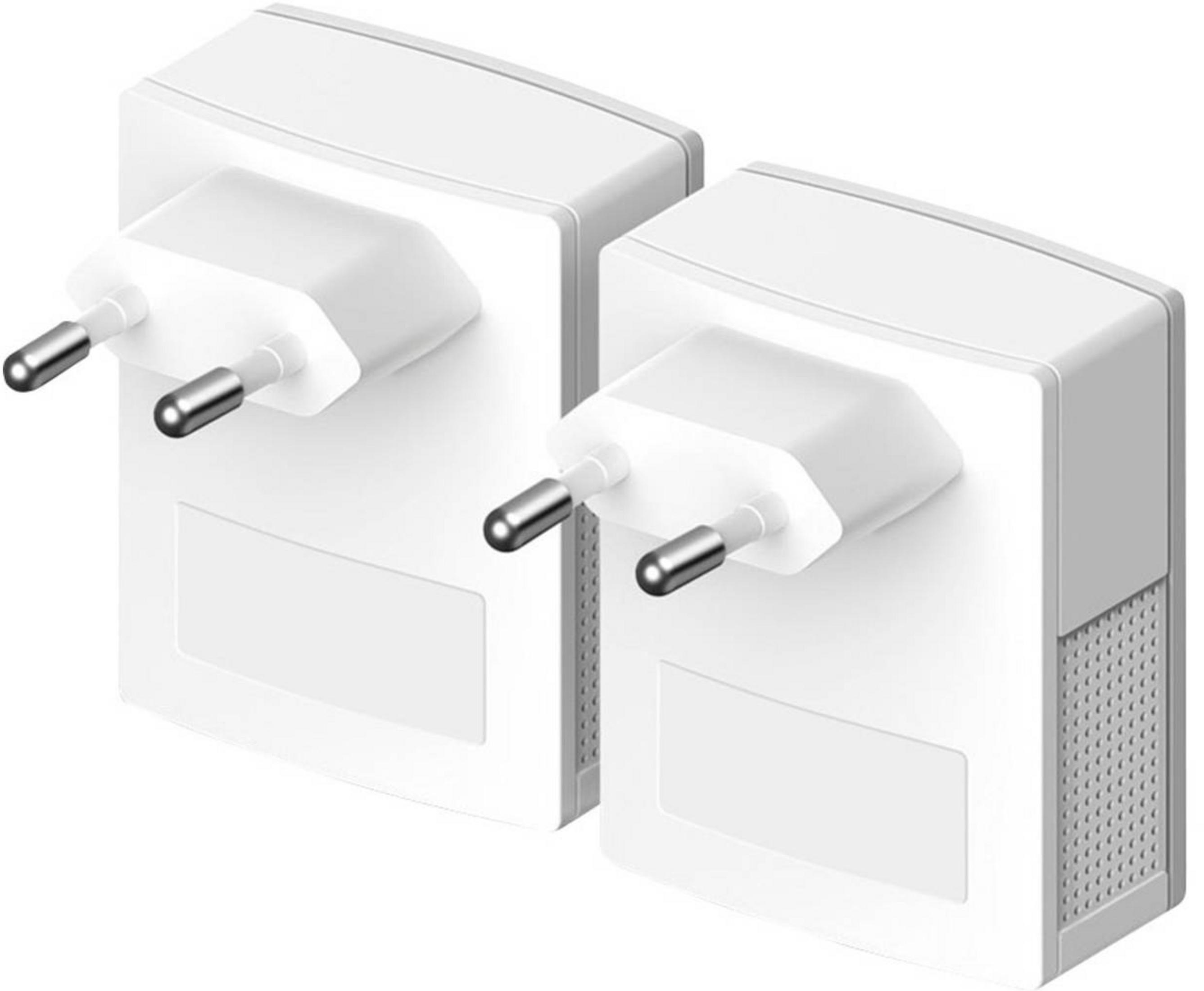 Due adattatori per prese elettriche bianche con due spinotti metallici rotondi su sfondo bianco.