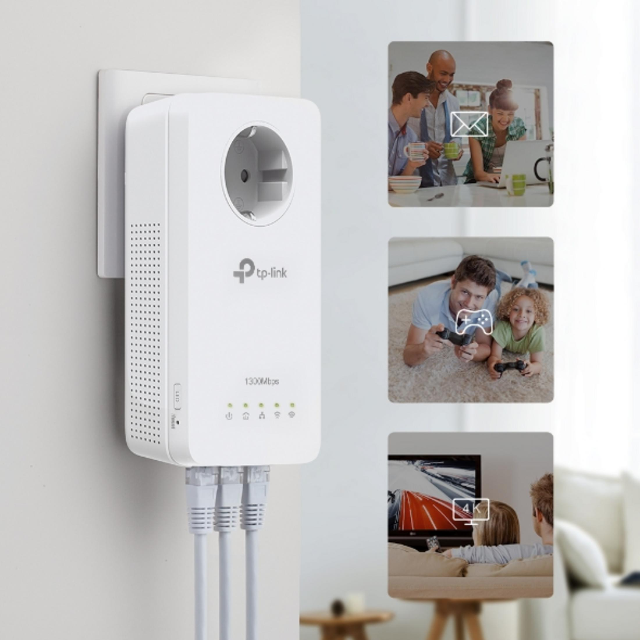 Un répéteur Wi-Fi TP-Link branché sur une prise murale avec des câbles et des scènes d'usage.