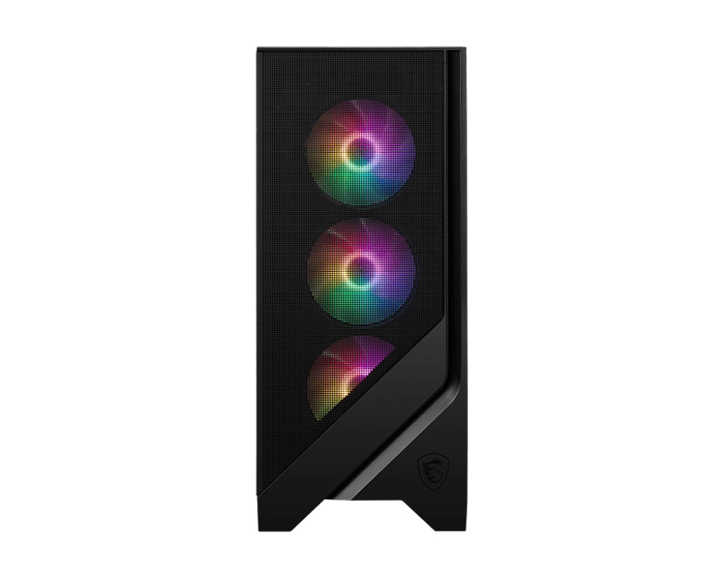 Önü ızgaralı ve üç RGB fanlı siyah bilgisayar kasası.