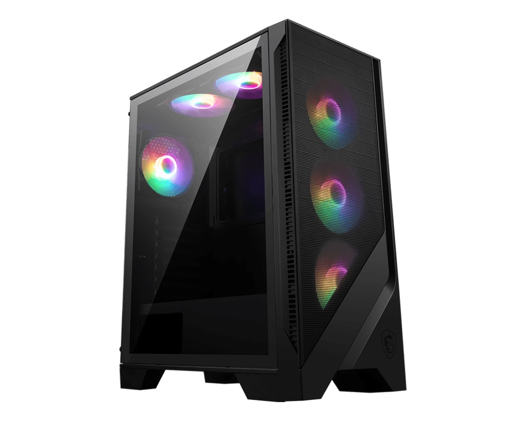 Beyaz arkaplanda cam yan panelli ve rengarenk RGB fanlı siyah bir oyuncu kasası.