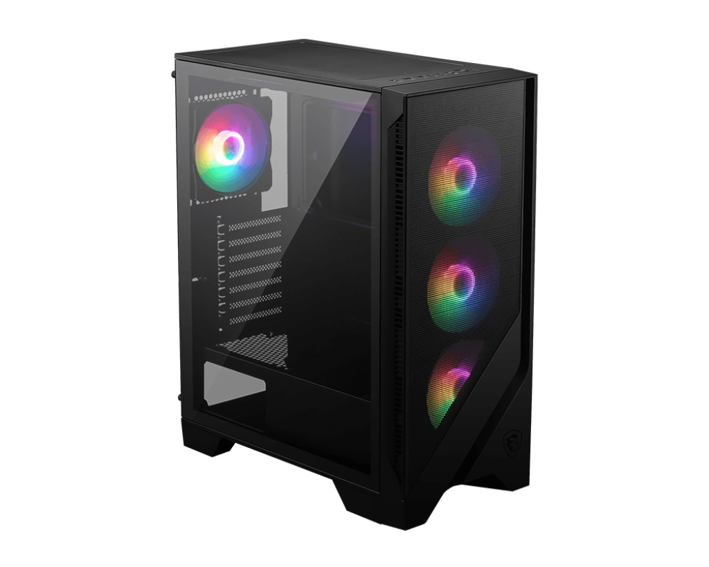 Cam yan panelli ve dört parlak RGB fanlı siyah bir PC oyuncu kasası.