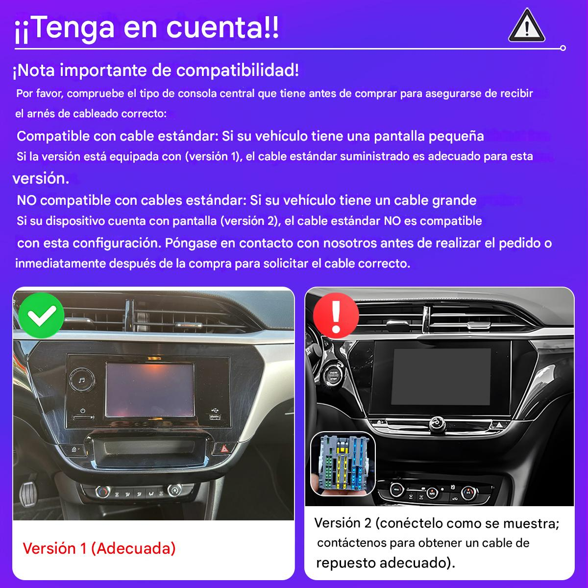 Aviso importante de compatibilidad para radio de coche mostrando dos versiones de pantalla en fondo morado.