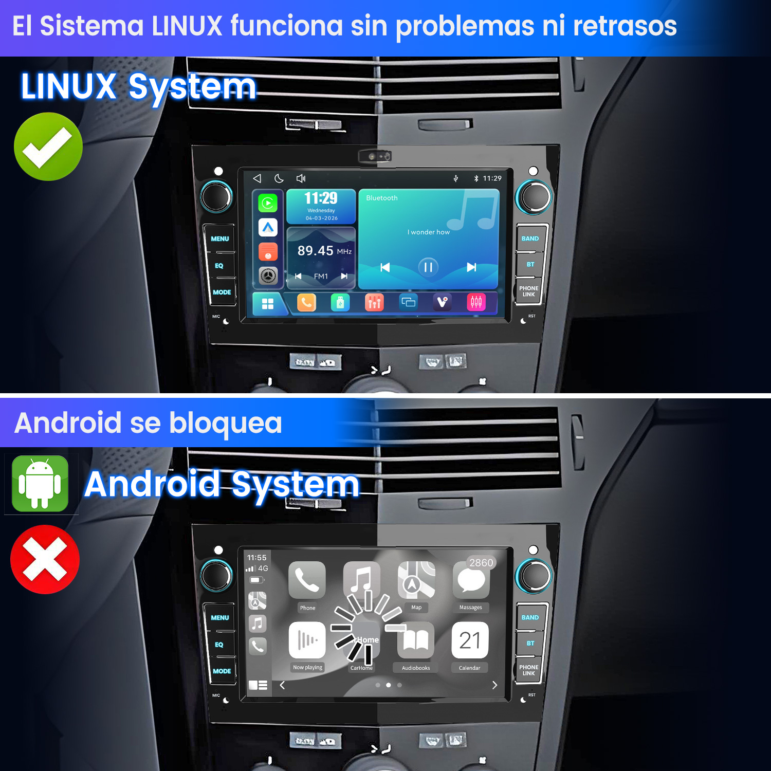 Comparación de dos pantallas de coche: el sistema Linux funciona sin problemas, Android muestra una carga.