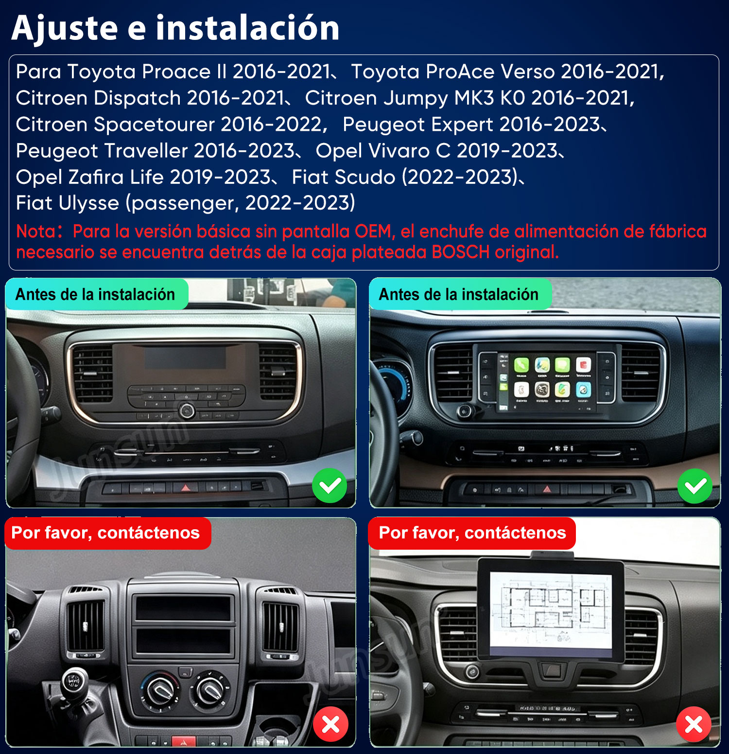 Guía de ajuste e instalación para varios modelos de coches con imágenes de salpicaderos antes y después.