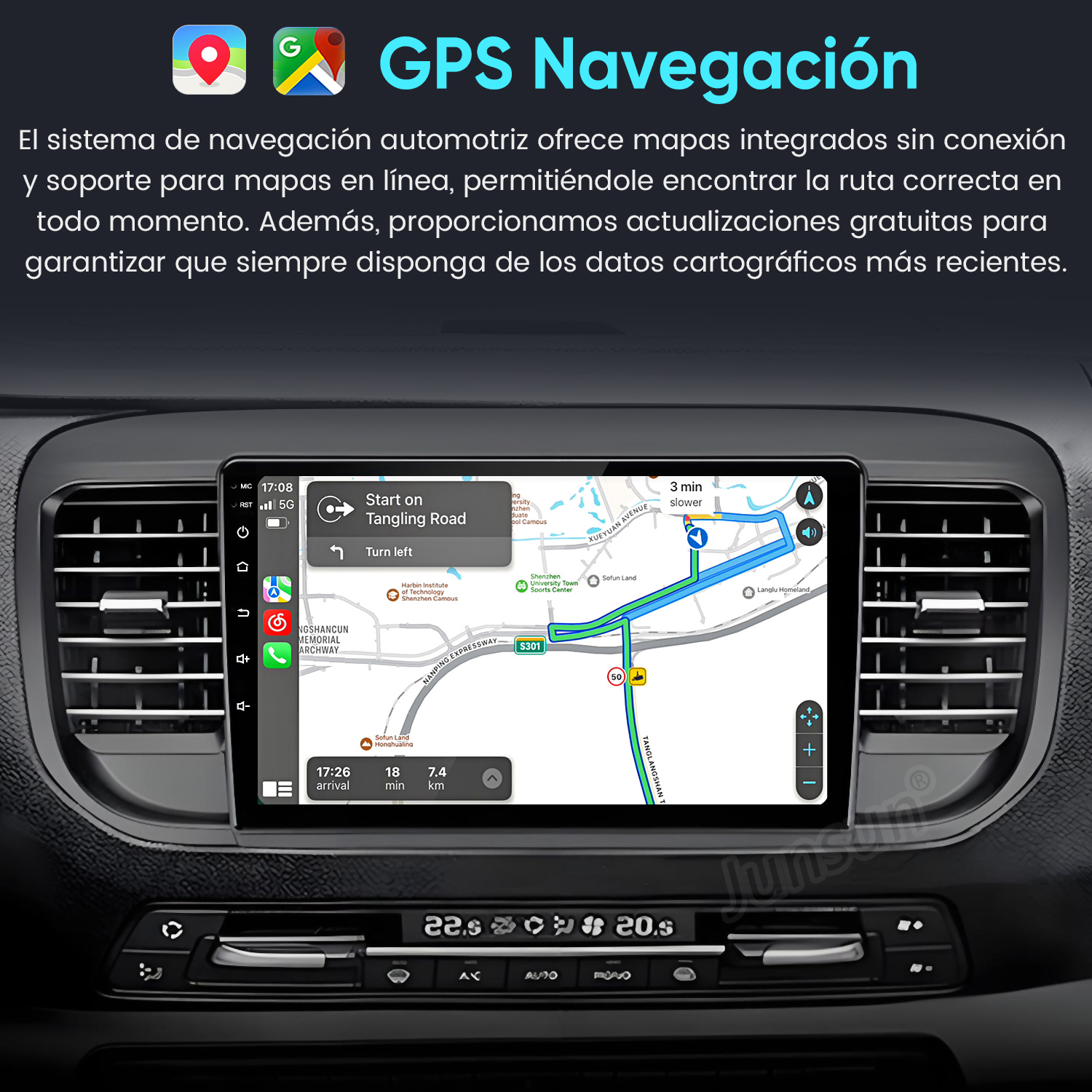 Salpicadero de coche con pantalla de navegación GPS integrada que muestra un mapa digital.