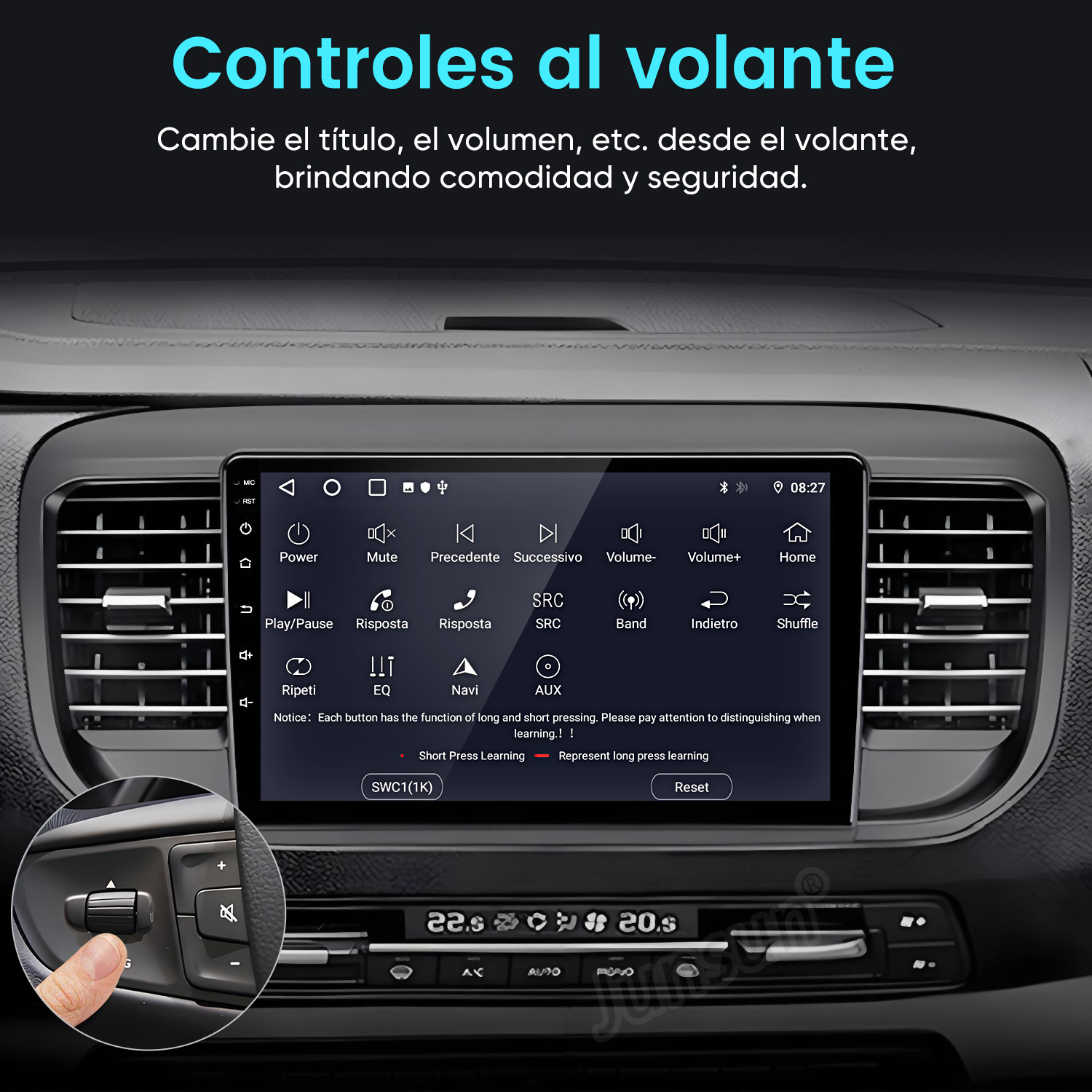 Interior de coche con pantalla táctil de infoentretenimiento y controles en el volante.