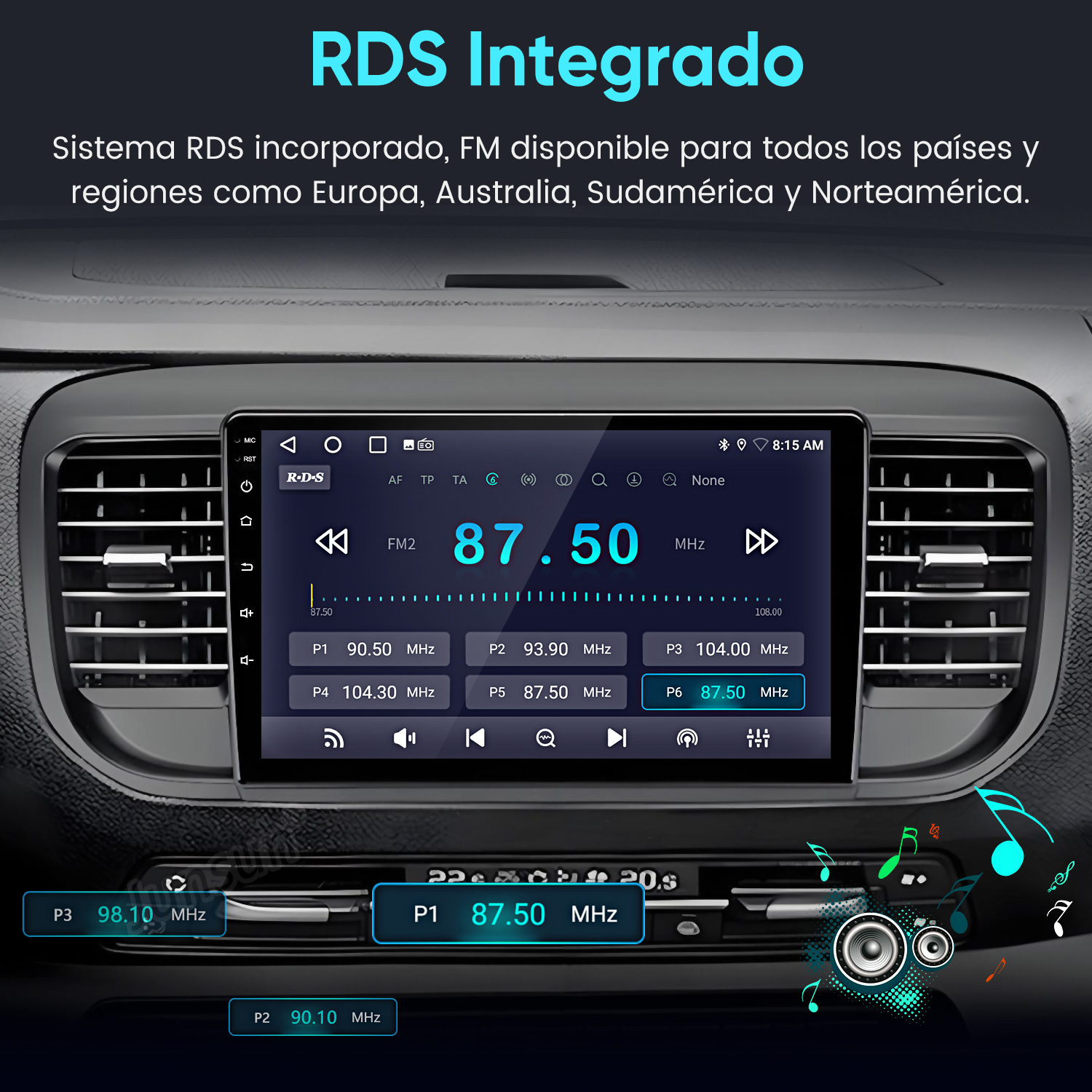 Estéreo de coche con pantalla táctil grande que muestra radio FM, instalado en el salpicadero.