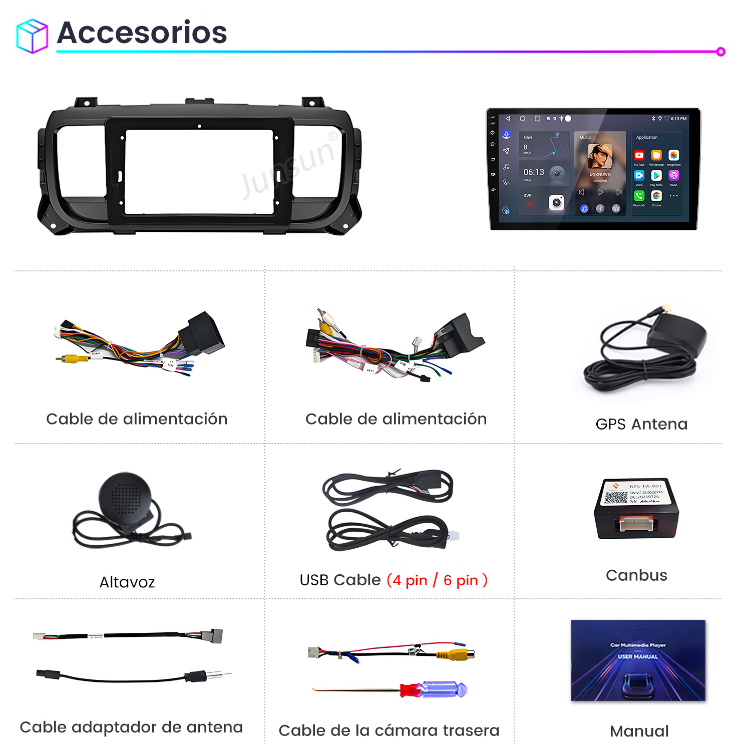 Accesorios multimedia para coche que incluyen marco de salpicadero, pantalla táctil, cables, antena, altavoz y manual.