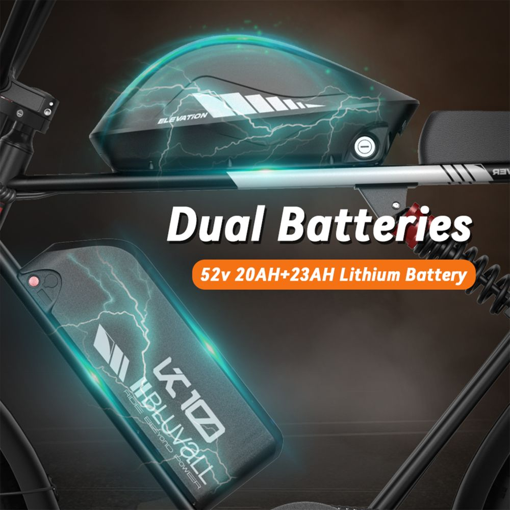 E-bike con doppie batterie al litio, 52V 20Ah e 23Ah, evidenziate con effetti elettrici.