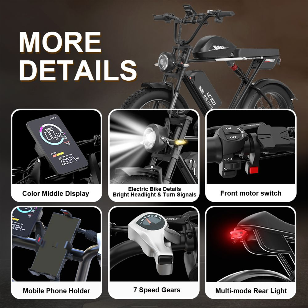 Una bici elettrica con sei riquadri che mostrano dettagli come display, faro e marce.