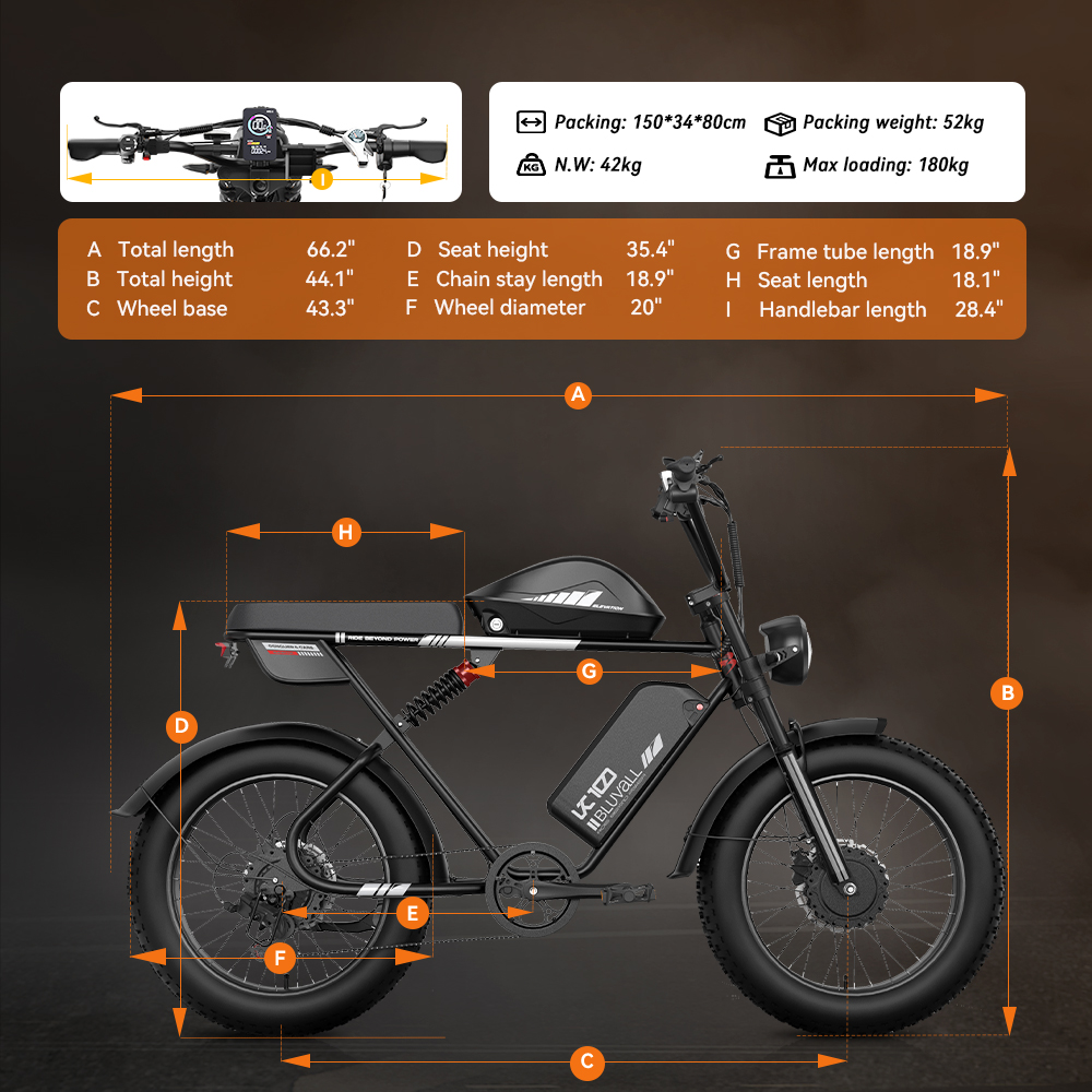 Diagramma che mostra dimensioni e peso di una bicicletta elettrica nera.