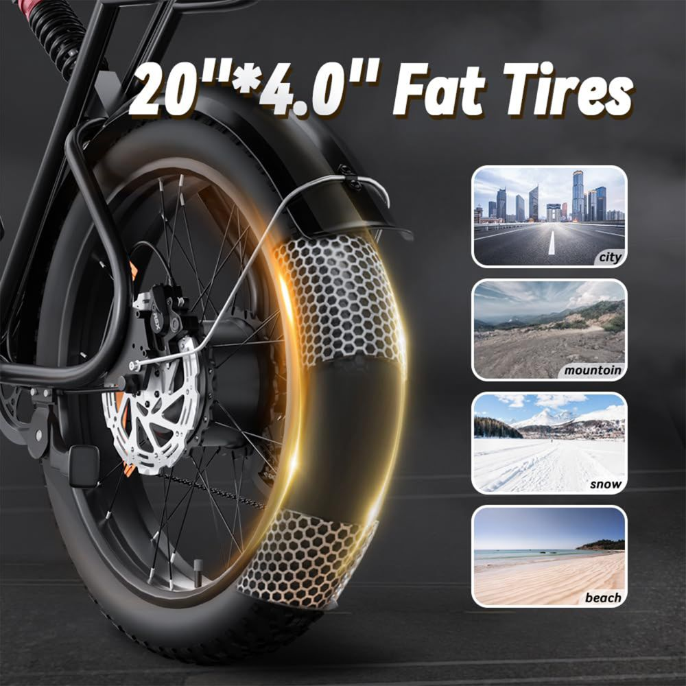 Uno pneumatico per bicicletta con la scritta 20"*4.0" Fat Tires e quattro piccole immagini per città, montagna, neve e spiaggia.