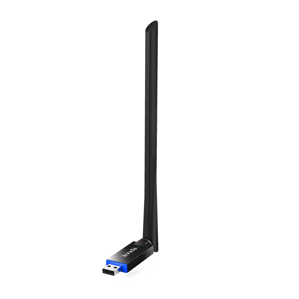 Un adattatore wireless USB Tenda nero con una lunga antenna verticale.