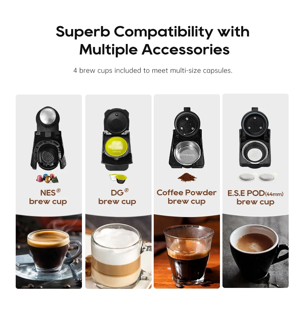Quattro parti di macchina da caffè con varie capsule, polvere, cialde E.S.E. e relative tazzine di caffè.