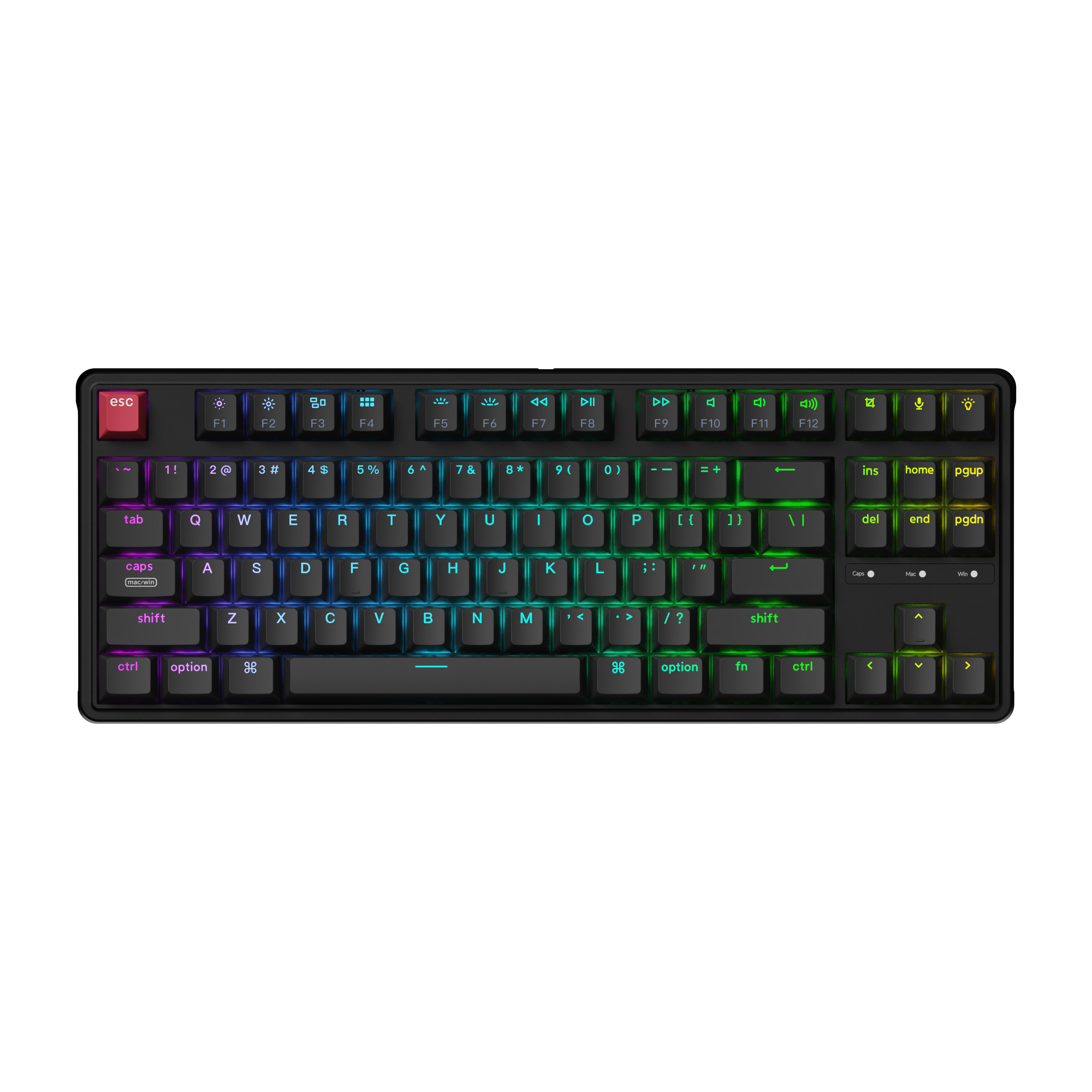 Czarna klawiatura mechaniczna z żywym podświetleniem RGB na białym tle.