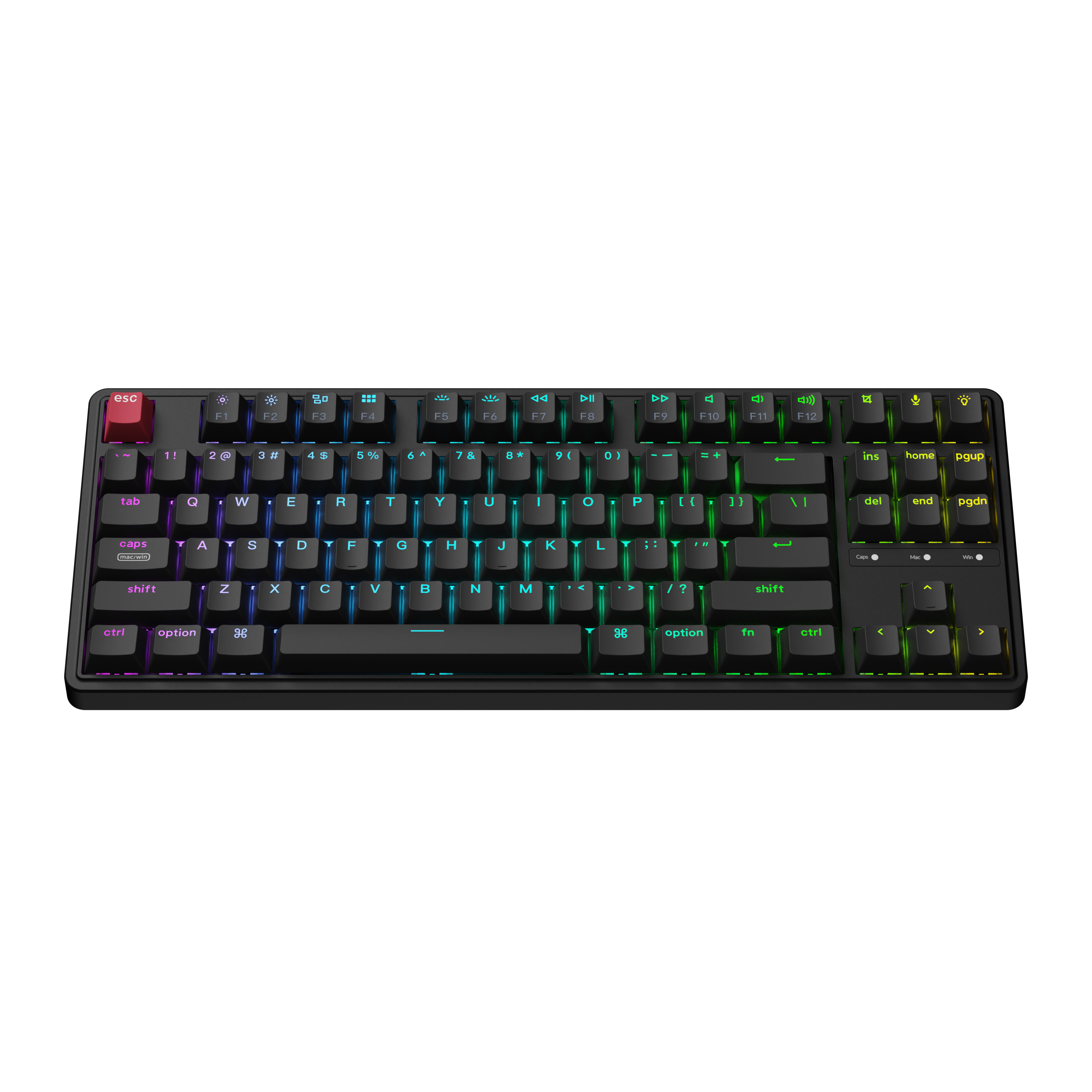 Czarna klawiatura mechaniczna z żywym podświetleniem RGB i czerwonym klawiszem escape.