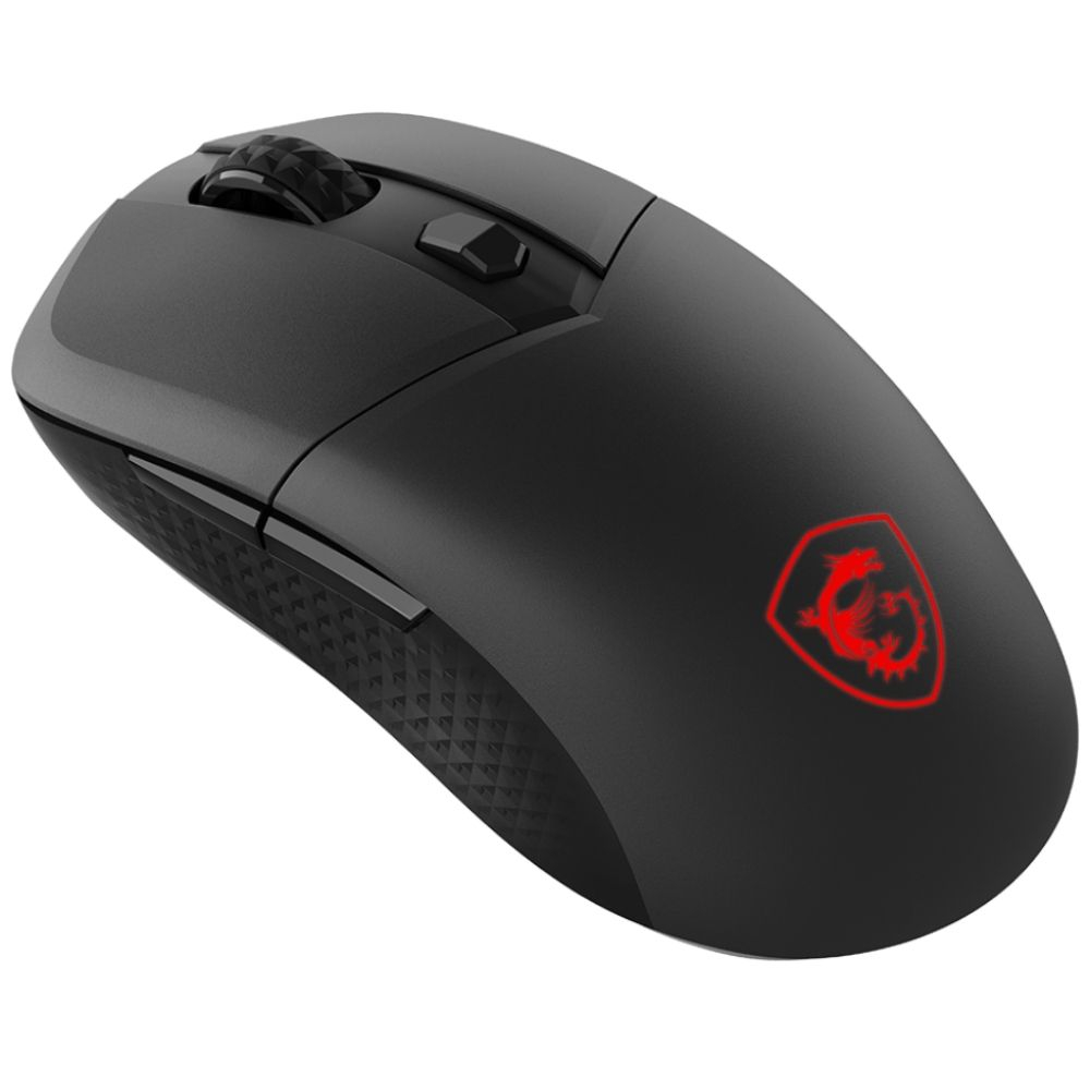 Eine schwarze kabellose Gaming-Maus mit strukturiertem Seitengriff und leuchtend rotem Drachen-Logo.