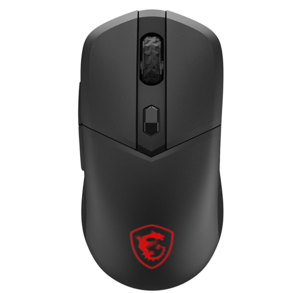 Schwarze Gaming-Maus mit strukturiertem Scrollrad, DPI-Taste und rotem beleuchtetem Drachenlogo unten.