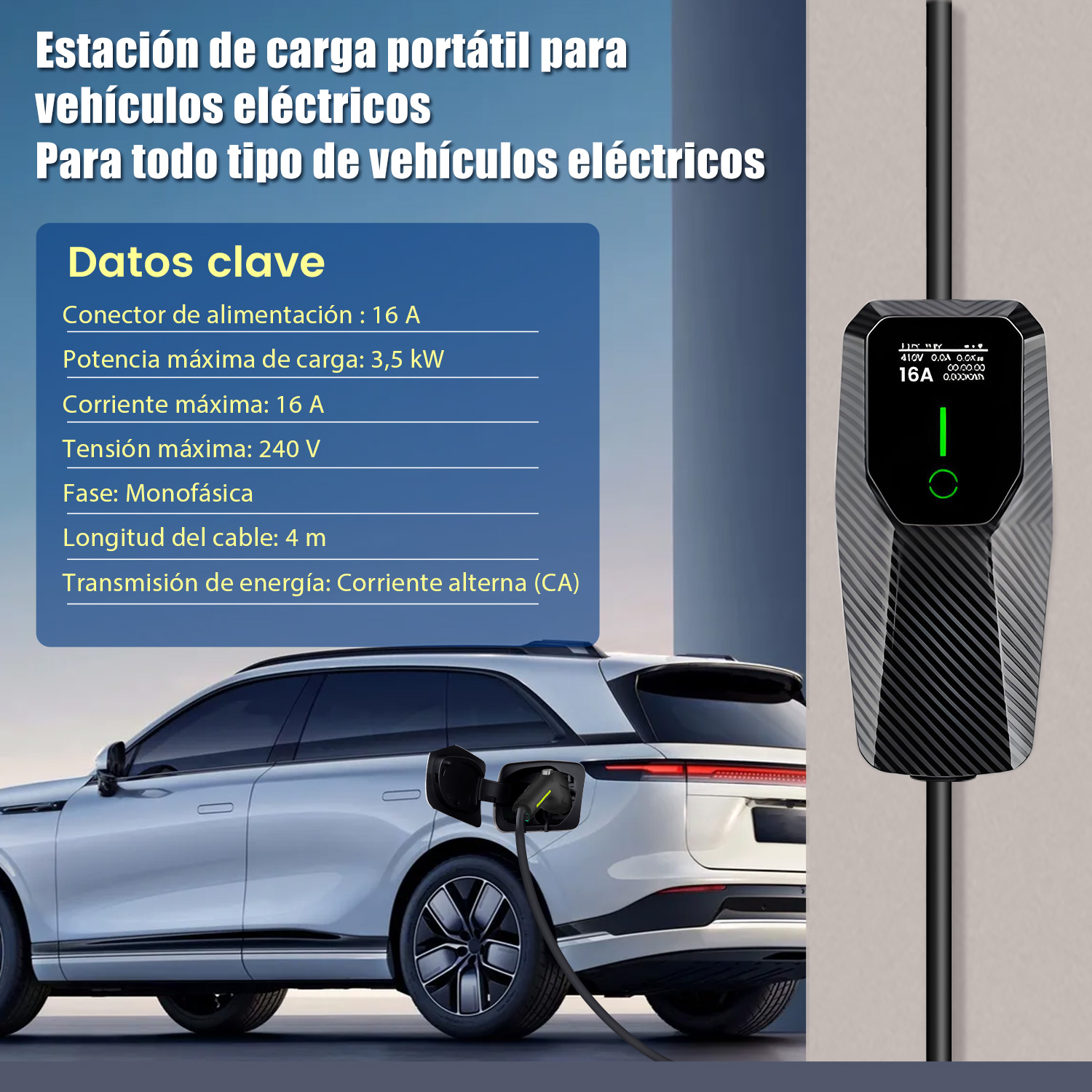 Estación de carga portátil para vehículos eléctricos en la pared, conectada a un coche gris con especificaciones.