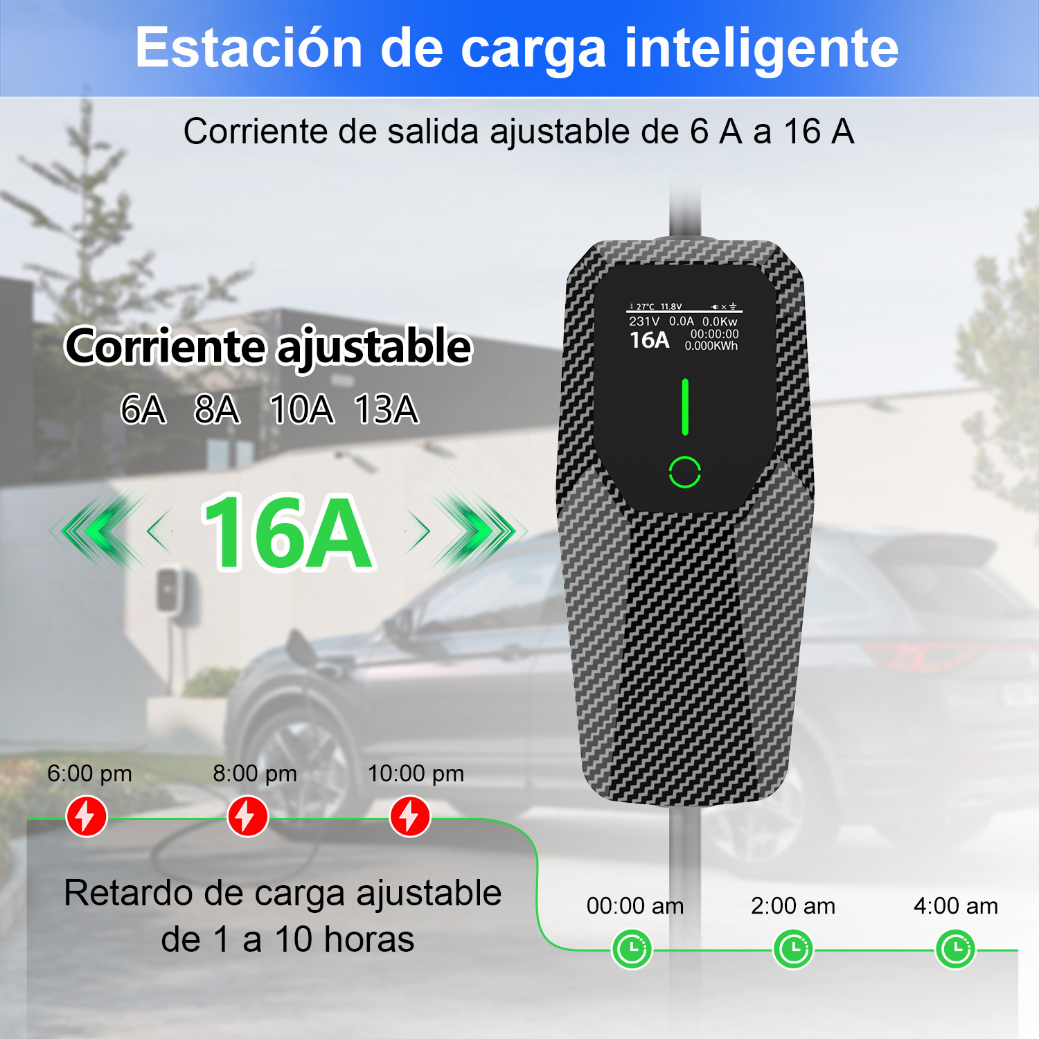 Estación de carga inteligente para EV con corriente ajustable de 6A a 16A y temporizador.