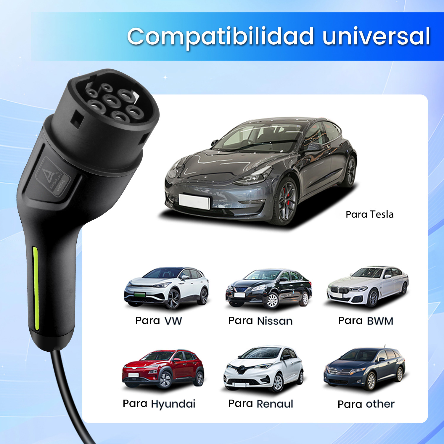 Conector de carga para coche eléctrico negro junto a imágenes de coches compatibles de varias marcas sobre fondo azul.