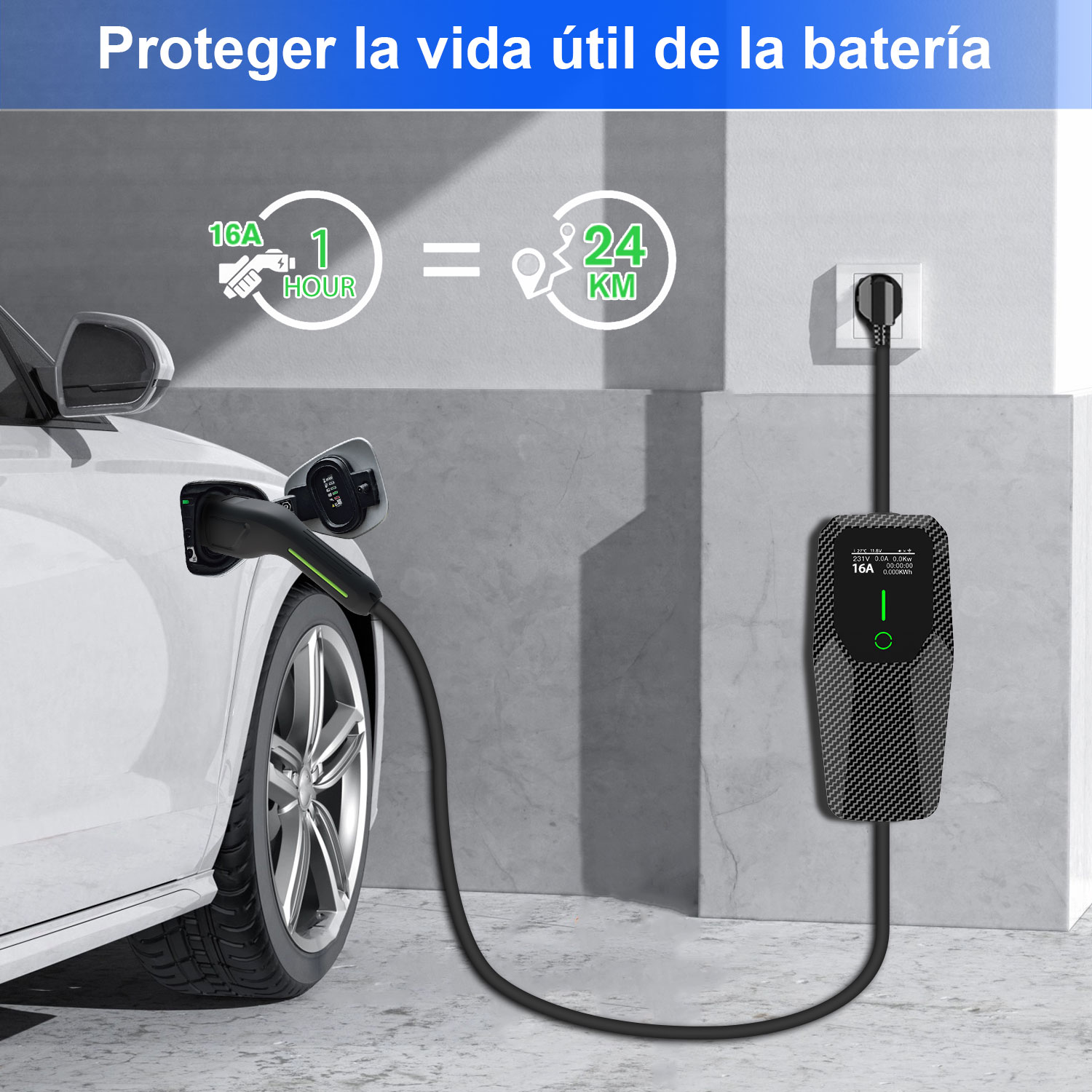 Un coche eléctrico blanco se carga en un cargador de pared con texto sobre la vida útil de la batería arriba.